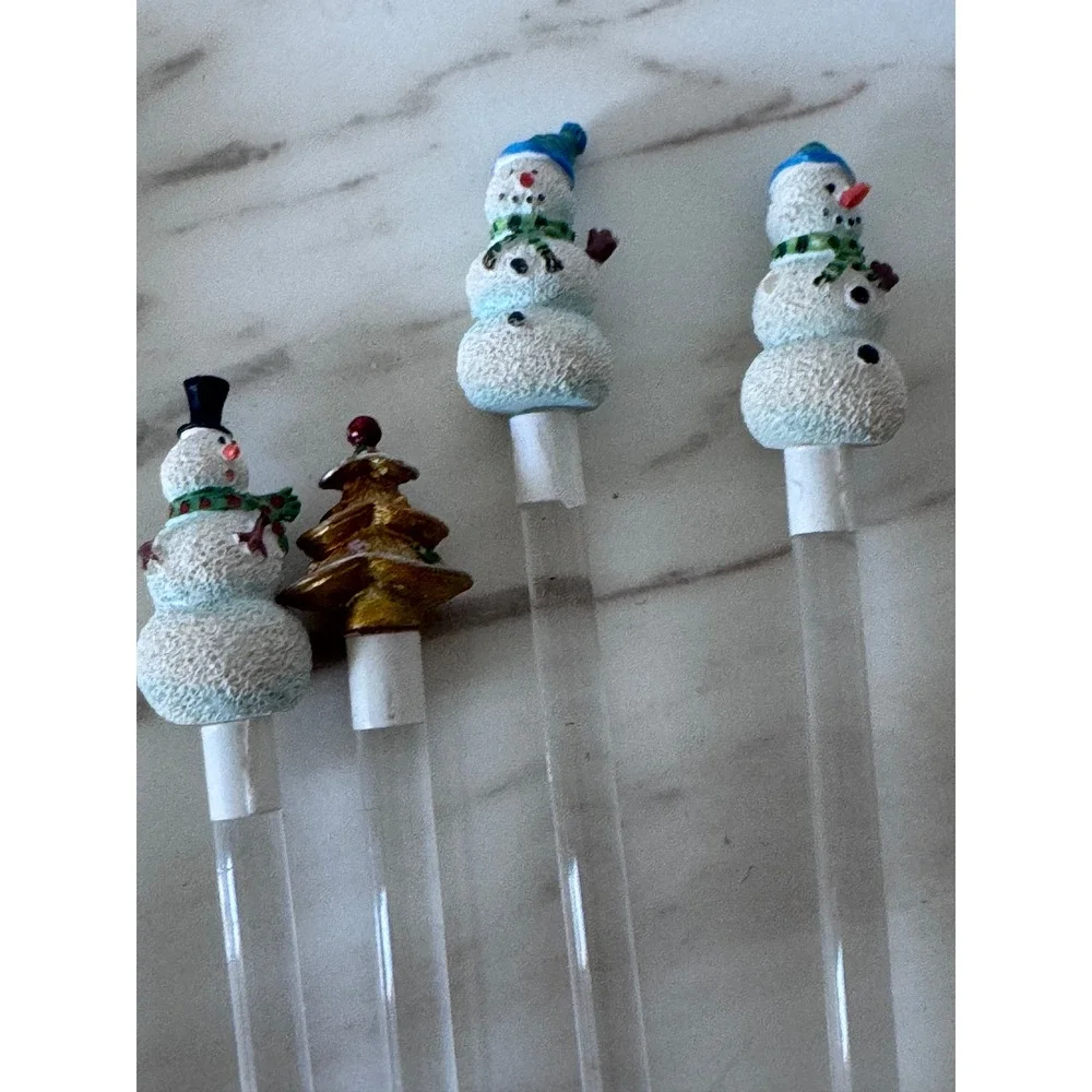 Vintage Snowman and‎ Christmas Tree Glass Swizzle Sticks Set 12Holiday Stirrers